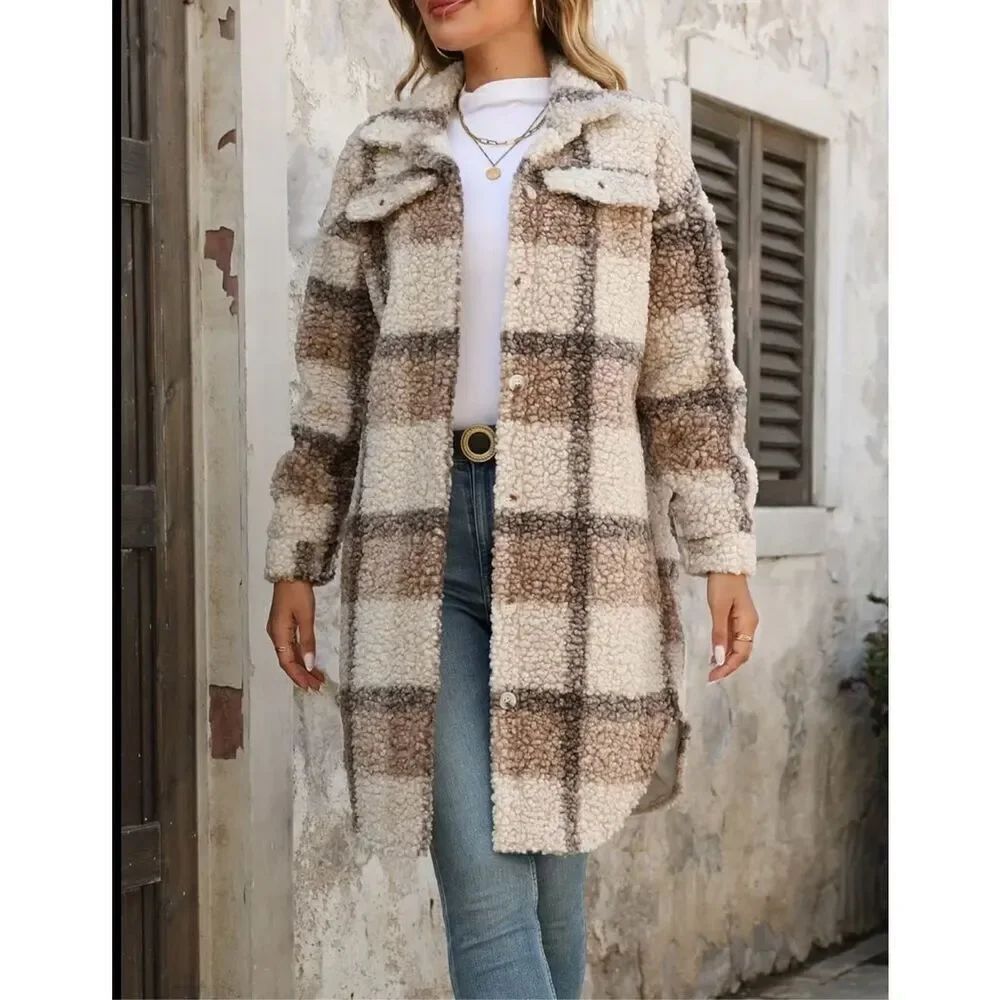 NWT Gorgeous Sz L Tan / Ivory Plaid Sherpa Teddy   Button Down Long Shirt Jacket